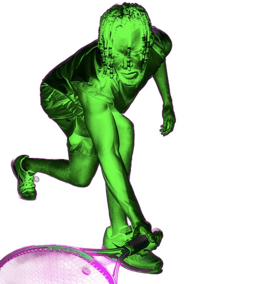 A person crouching on the ground, holding a tennis racket, wearing athletic clothes and sneakers, with their hair styled in braids, depicted in negative or infrared effect.