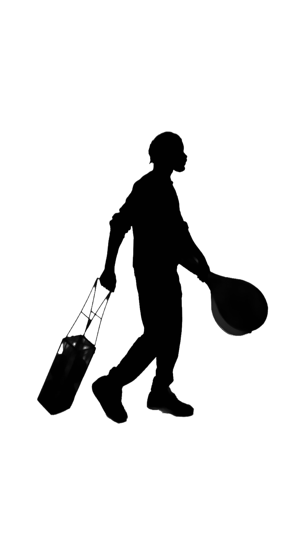 Silhouette of a man walking with a shopping trolley in one hand and a balloon in the other.