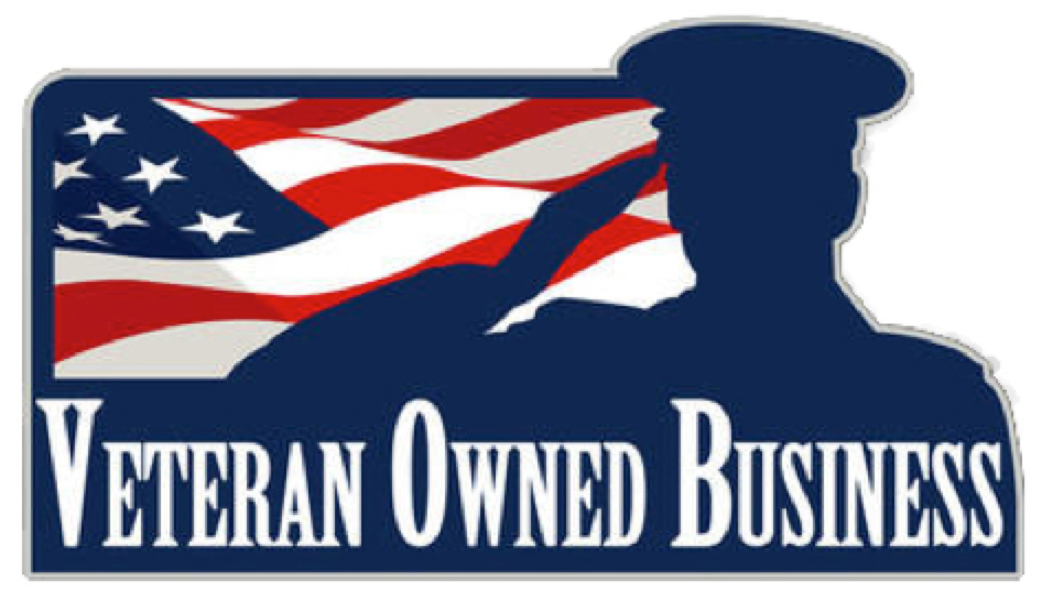 Silhouette of a saluting military veteran in front of an American flag with the text "Veteran Owned Business" below.