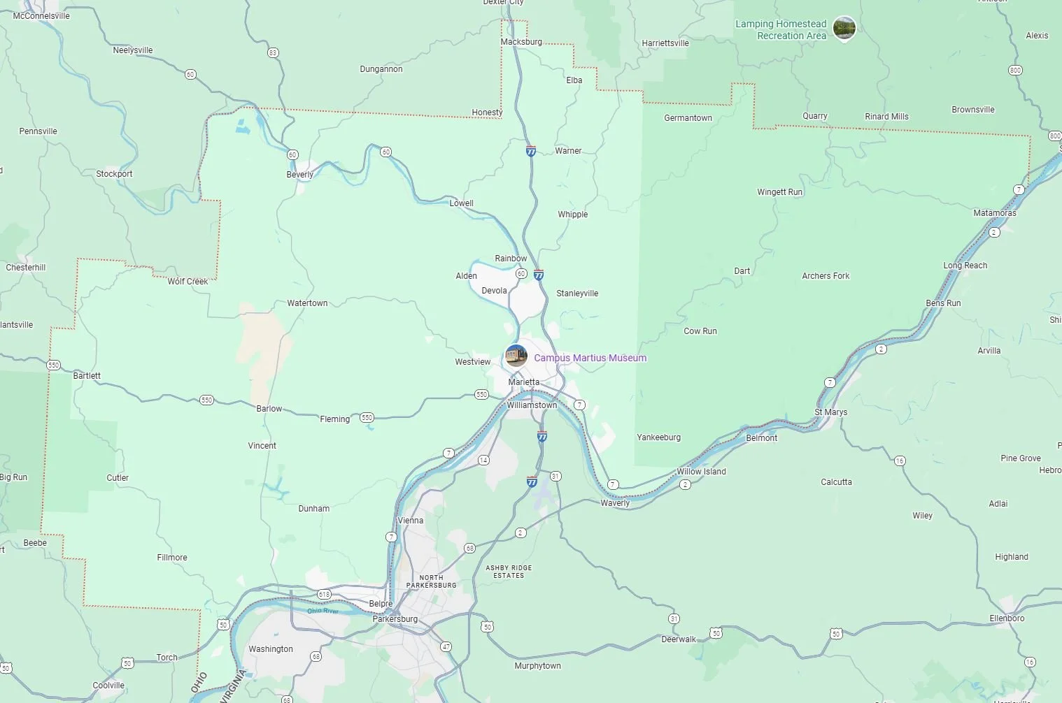 Map of southeastern Ohio showing cities like Parkersburg, Marietta, and Waverly, with labeled highways and rivers, including the Ohio River and the Muskingum River, and landmarks such as Campus Martius Museum.