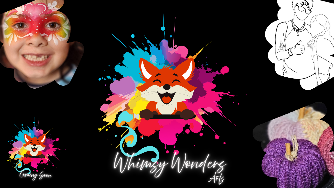 A cartoon red fox peeking over a paint brush surrounded by face painting, illustrations, crochet pumpkins, and a small "coming soon" sign