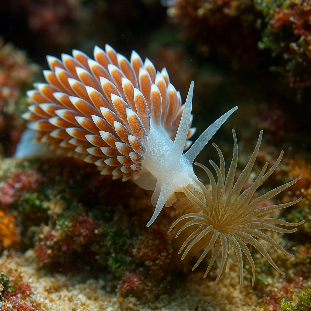 A decorated nudibranch sea slug on the ocean floor with colorful coral and sea anemones.