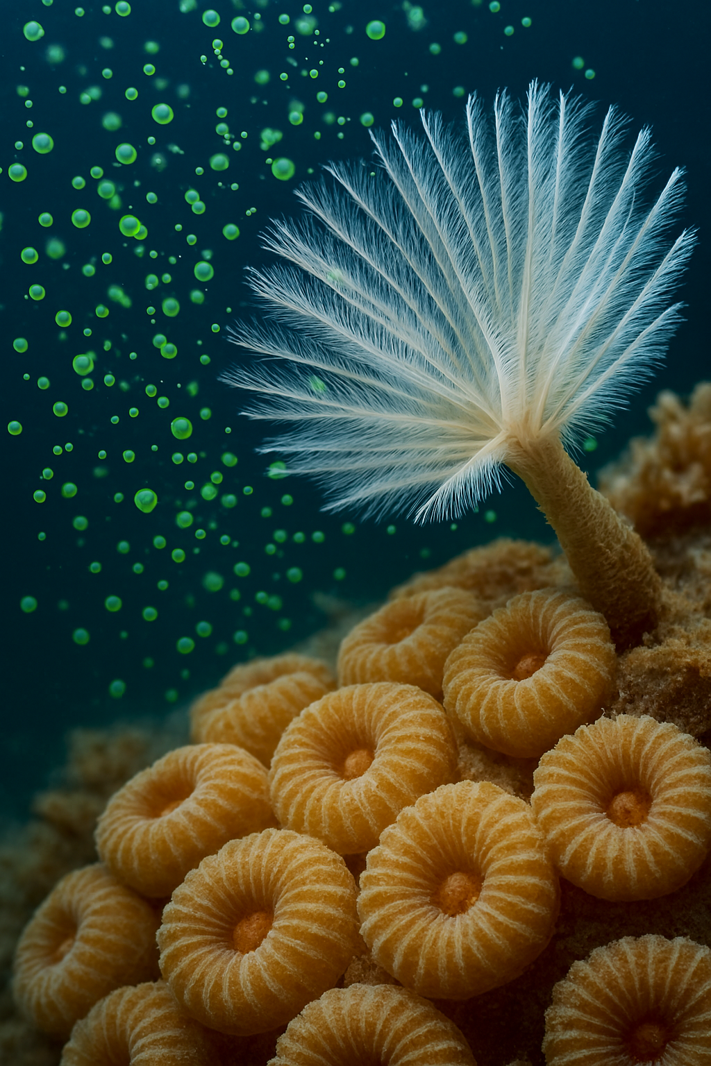 Underwater scene featuring yellow coral with a white feather star attached, alongside green bubbles rising in the water.