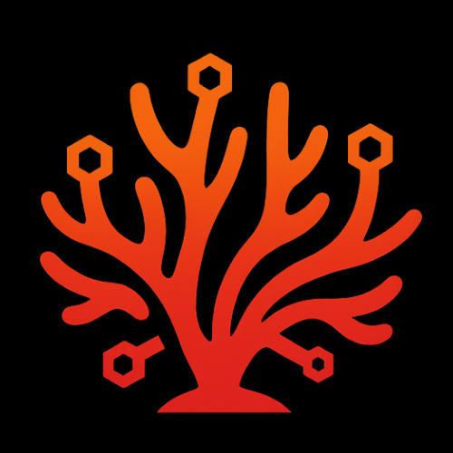 A stylized red coral branch with five hexagonal shapes attached, against a black background.