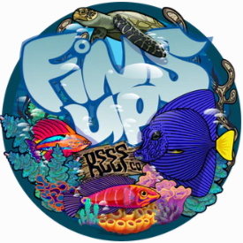 Colorful underwater scene with tropical fish swimming around a coral reef, with the text 'Fish Fish' in the background.