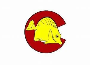 A cartoon illustration of a yellow fish and a yellow eel inside a red letter C.