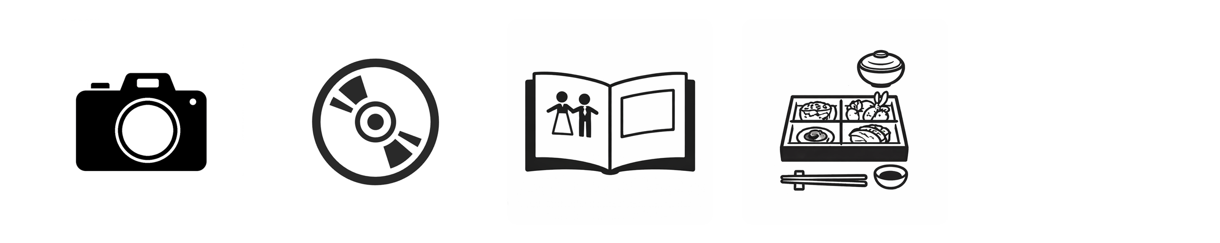 プラン内容アイコン | 撮影料, 全データ, フォトアルバム, ご会食