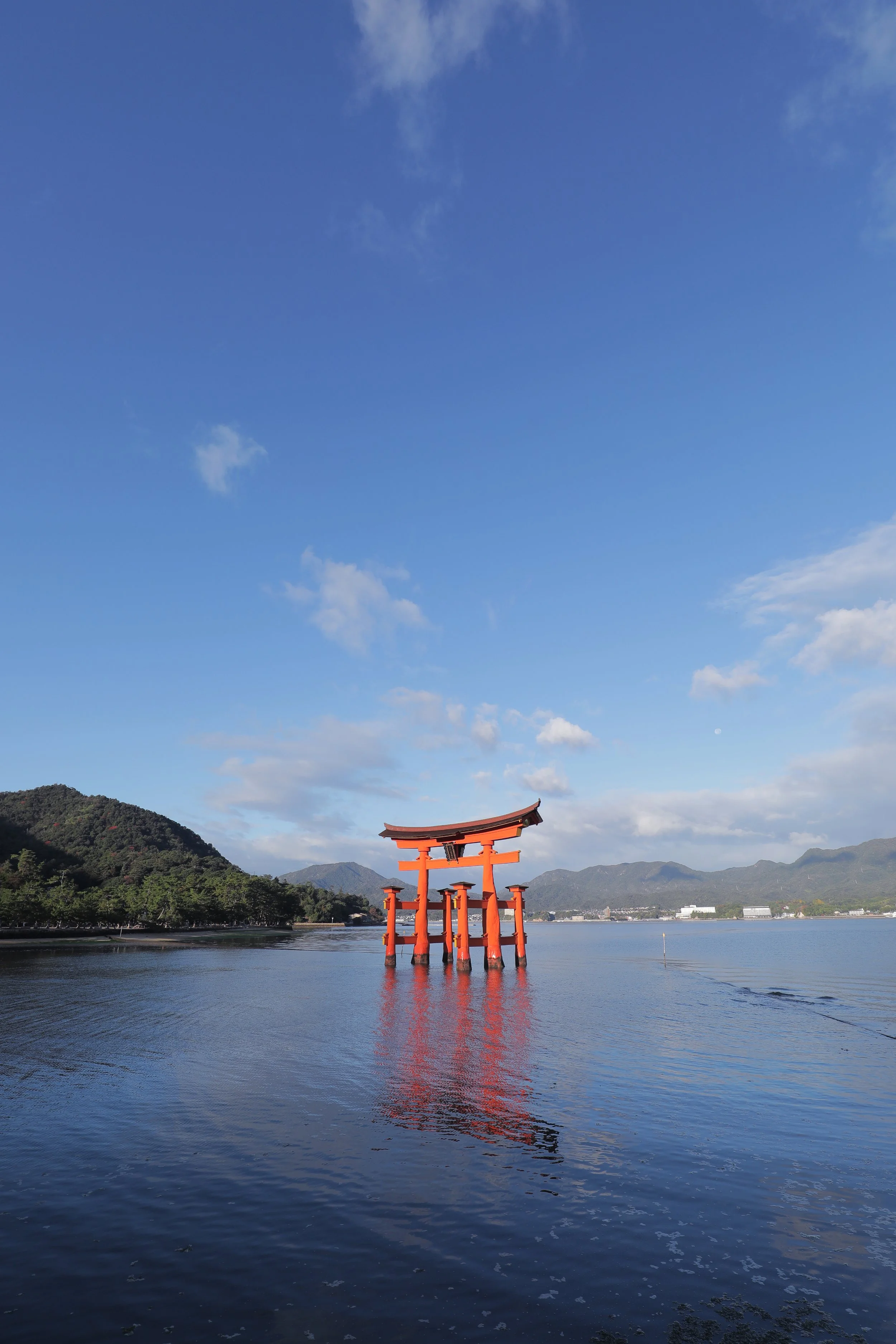 海に立つ朱色の大鳥居と山々、青空と雲