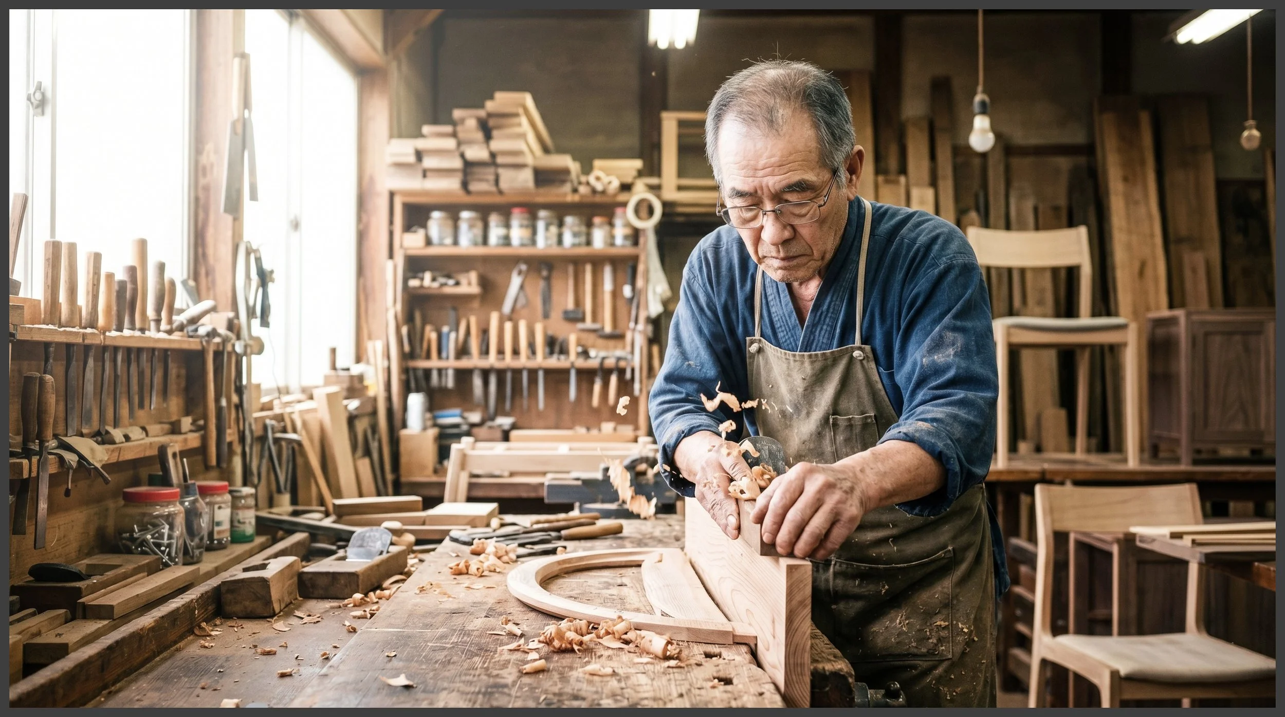 真剣な眼差しで作業を進める木工職人