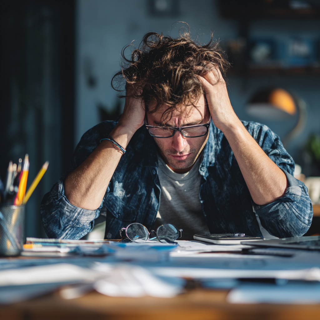 Small business owner feeling stuck while trying to write website copy at a desk, needing help.