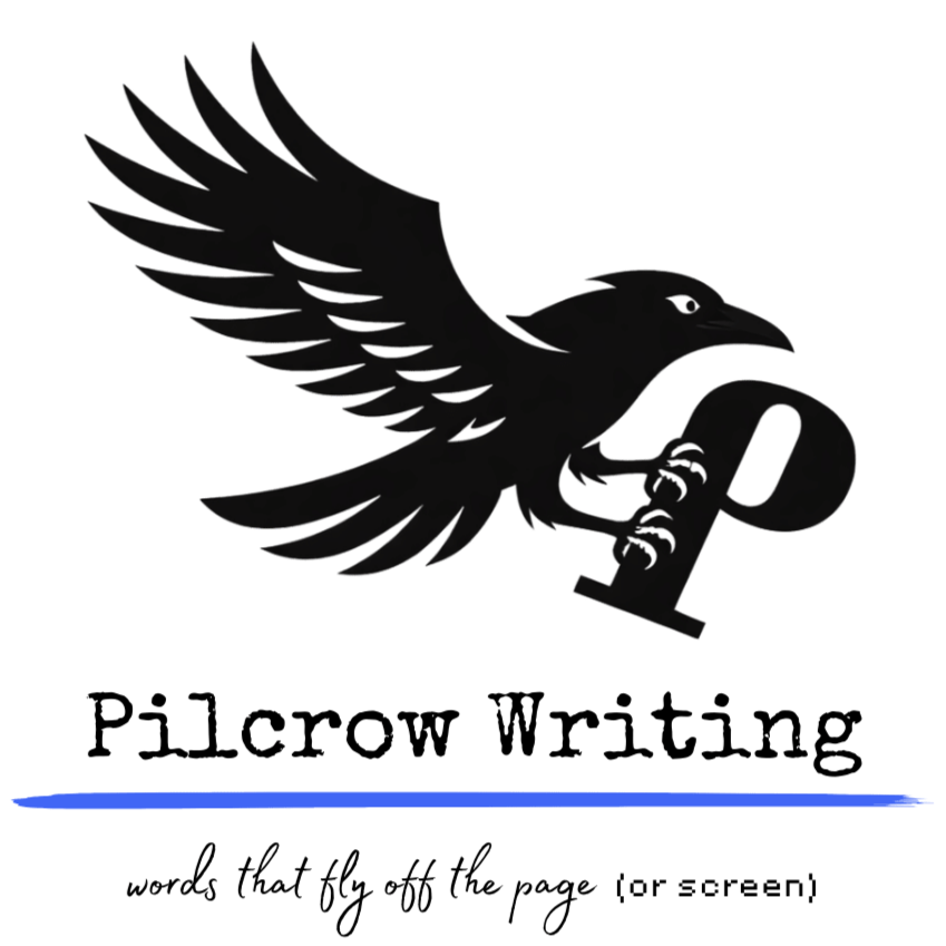 Pilcrow Writing logo featuring a crow flying off with a pilcrow symbol.