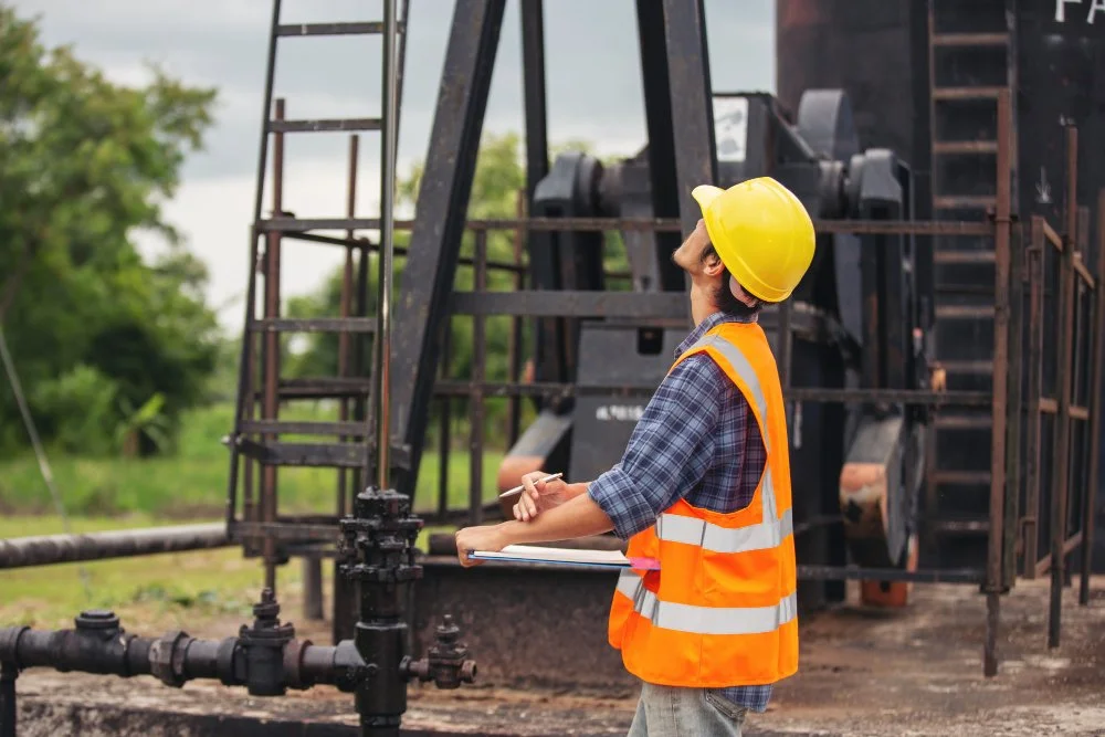 A construction worker wearing an orange safety vest and yellow helmet inspecting equipment at an industrial site.