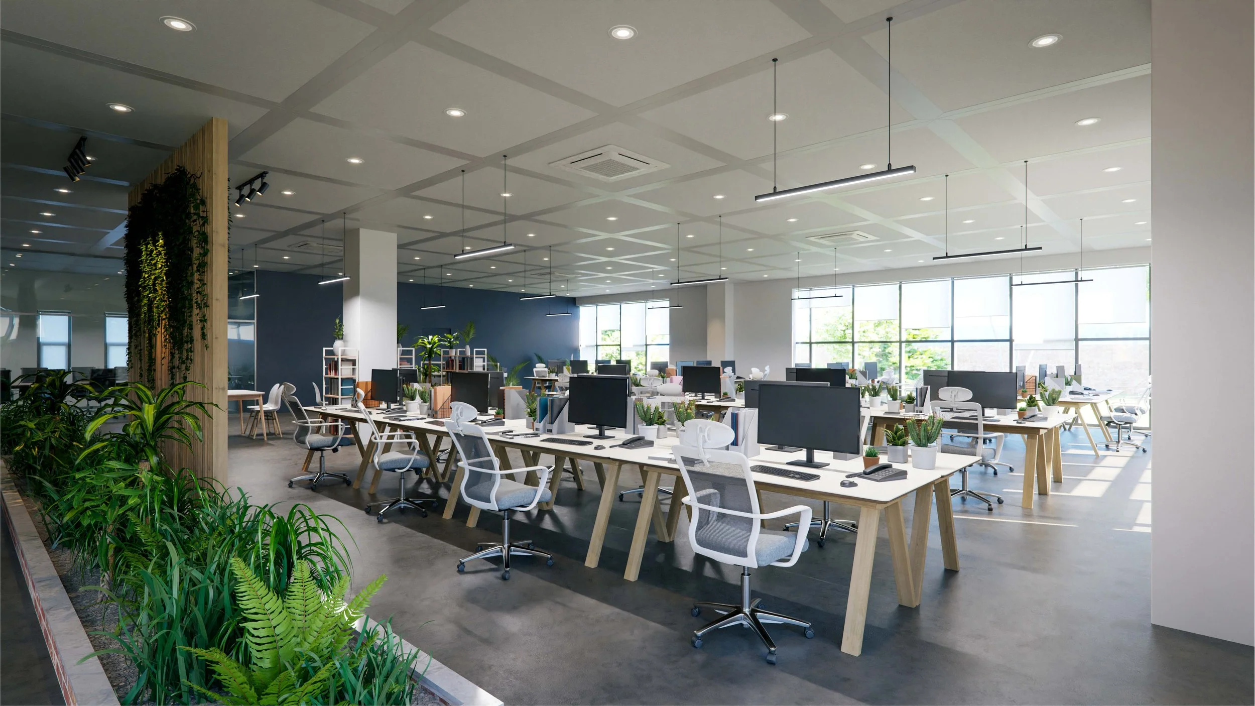 Modern open-plan office with white desks, black monitors, white office chairs, and green potted plants, illuminated by ceiling lights and large windows.