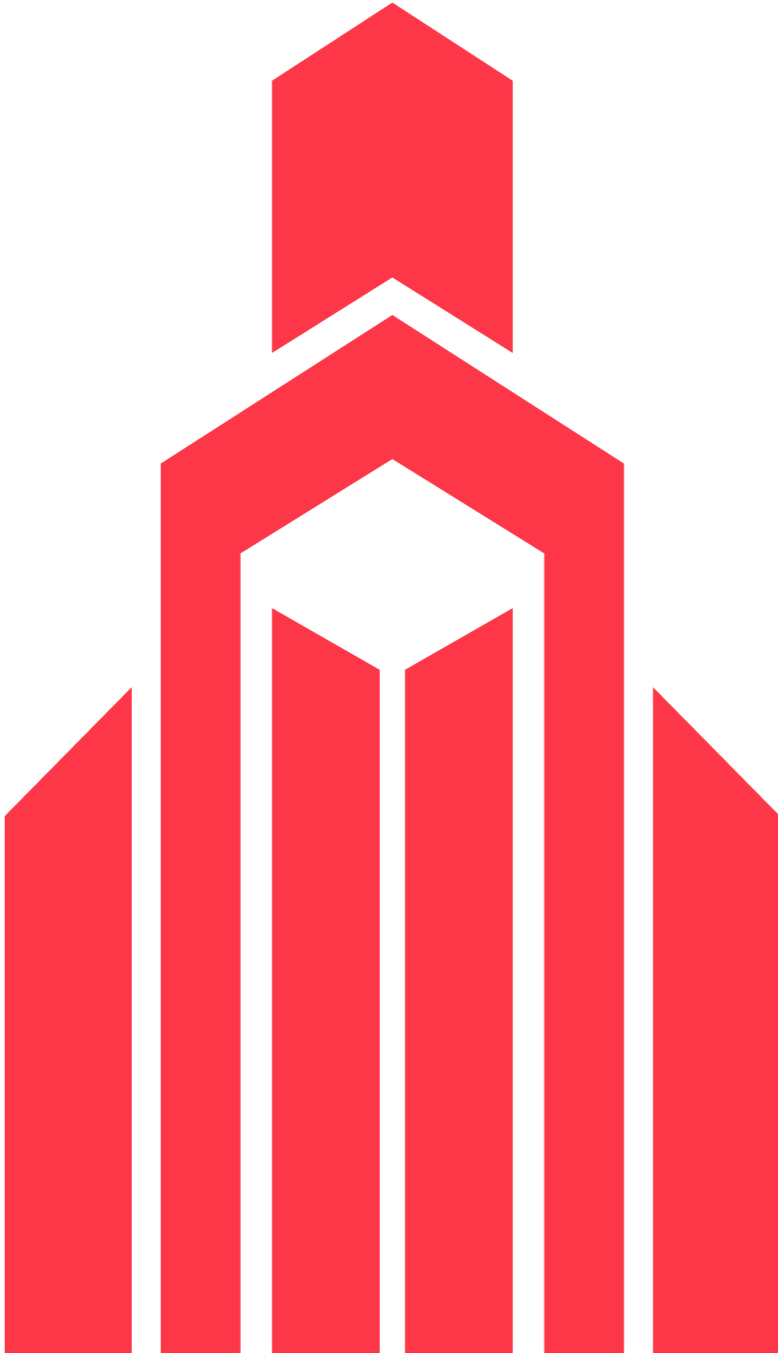 Abstract graphic of a red upward arrow with a star inside a black and red cube at the center.