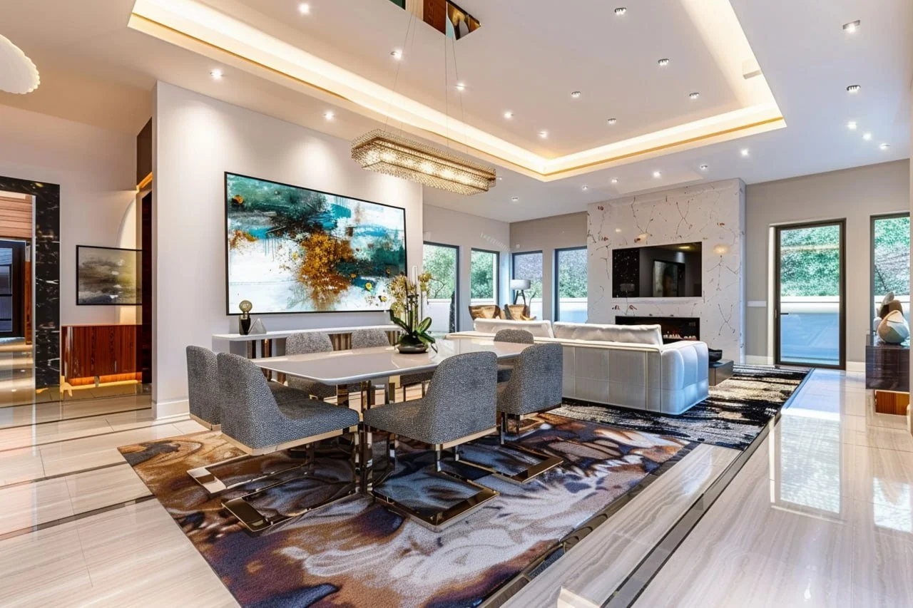 Modern open-concept living and dining room with white marble floors, a dining table with six gray chairs, a white curved sofa, wall-mounted TV, and large windows with greenery outside.