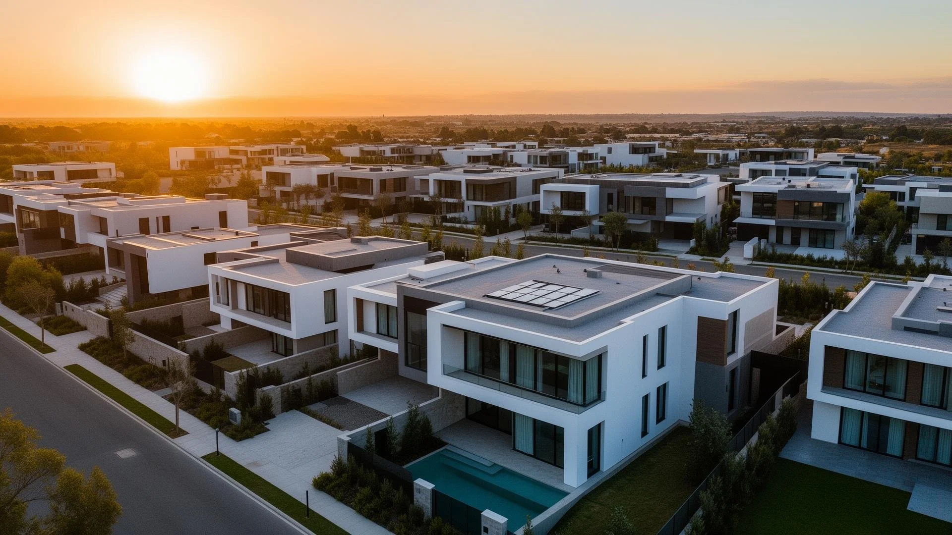 Aerial view of modern white residential houses with flat roofs at sunset, with landscaped yards and a large swimming pool visible in the foreground.