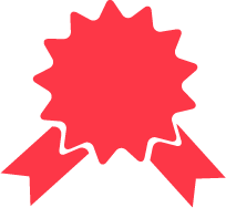 Red badge with a starburst shape and ribbon tails.