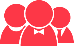A group of five people, some wearing formal attire including bow ties, in a stylized red silhouette illustration.
