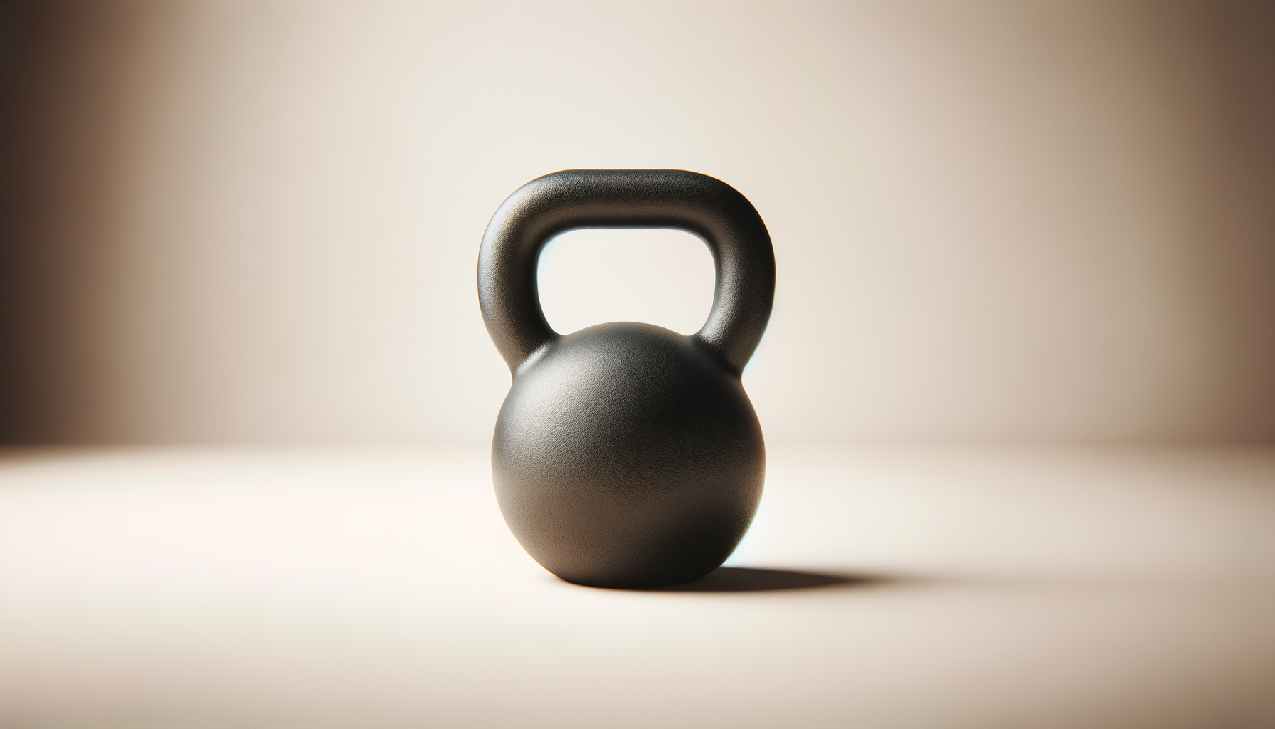 A black kettlebell centered on a light-colored surface with a blurred light background.