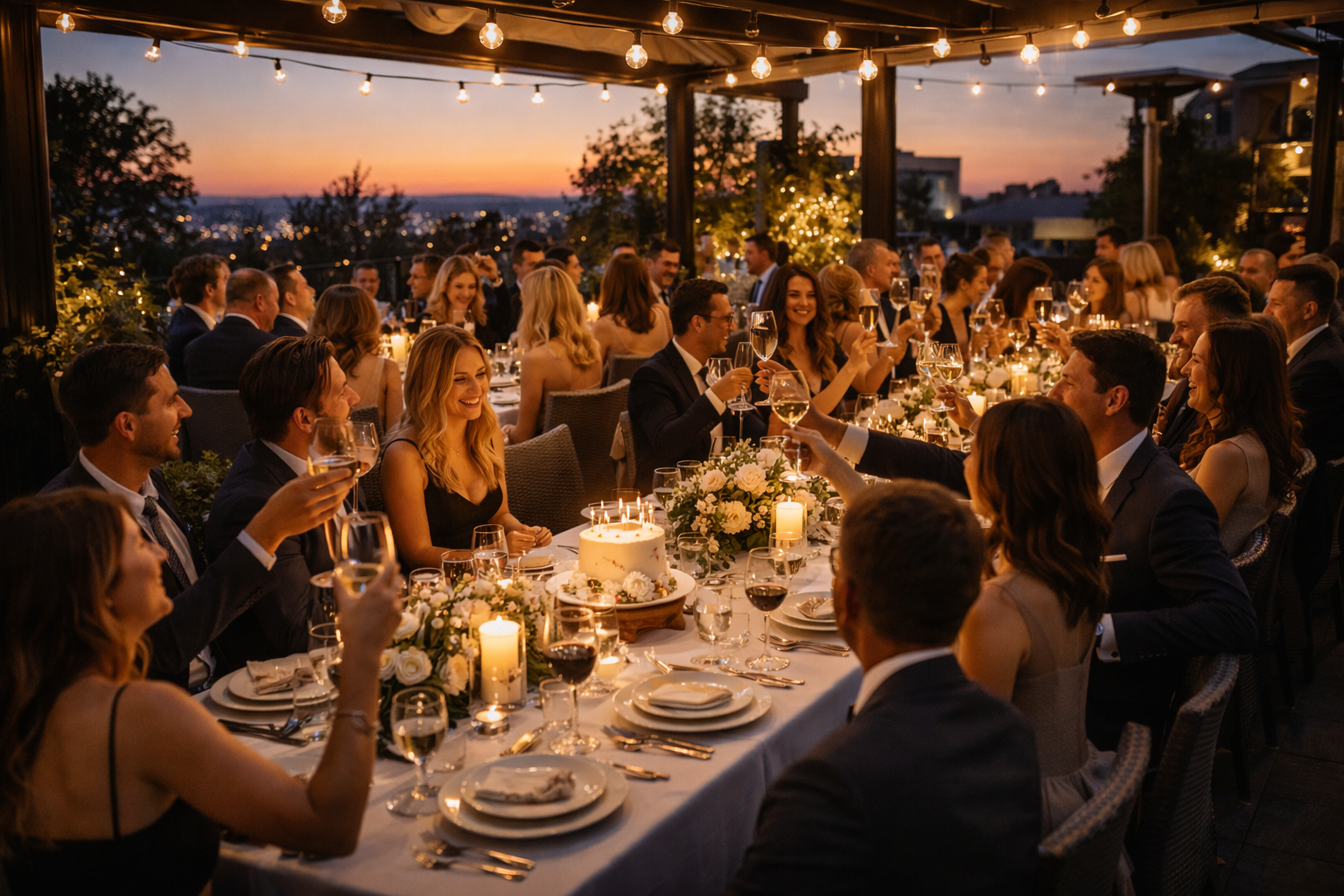 Birthday celebration with guests toasting on a private restaurant patio in the evening.