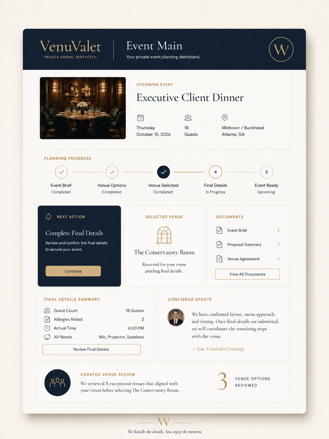 VenuValet Event Main client portal showing event planning progress, selected venue, documents, final details, and concierge updates.