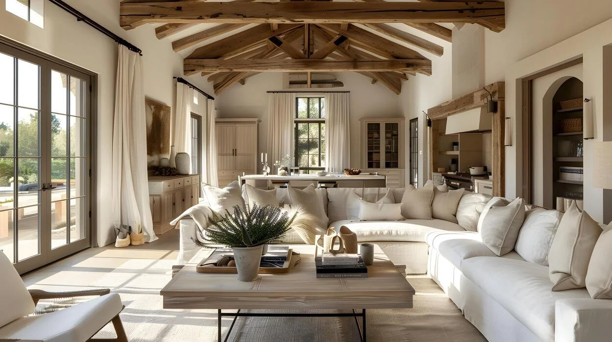 Bright living room with a vaulted wooden ceiling, white sofa, armchair, and large windows with curtains, overlooking greenery outside.