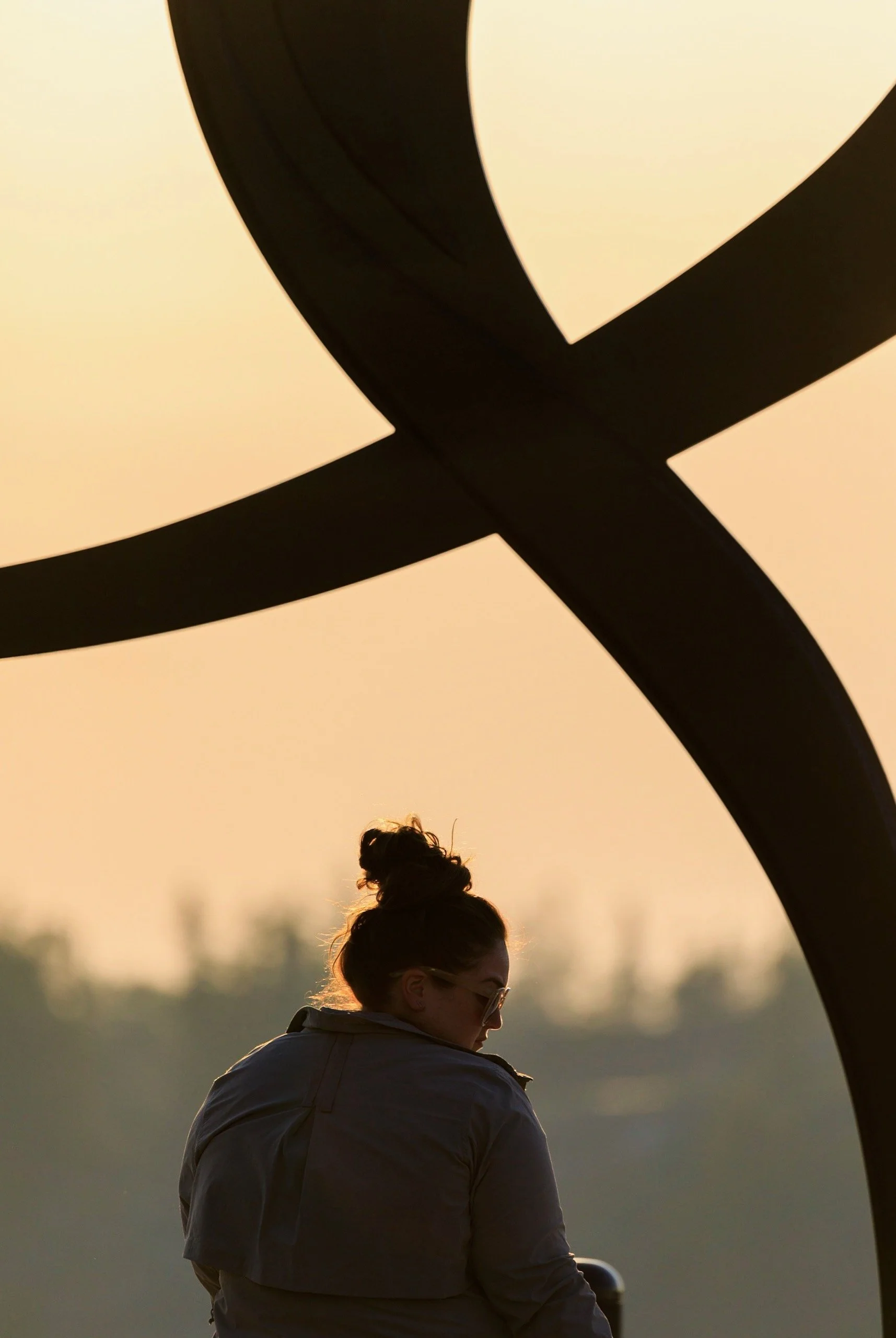 A person with sunglasses and a bun hairstyle looking downward, with a large abstract black sculpture and a sunset sky in the background.