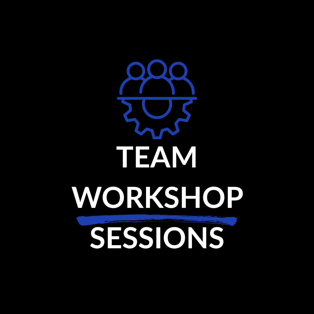 Graphics with three people above a gear icon, the words 'TEAM WORKSHOP SESSIONS' with 'WORKSHOP' underlined in blue, all on a black background.