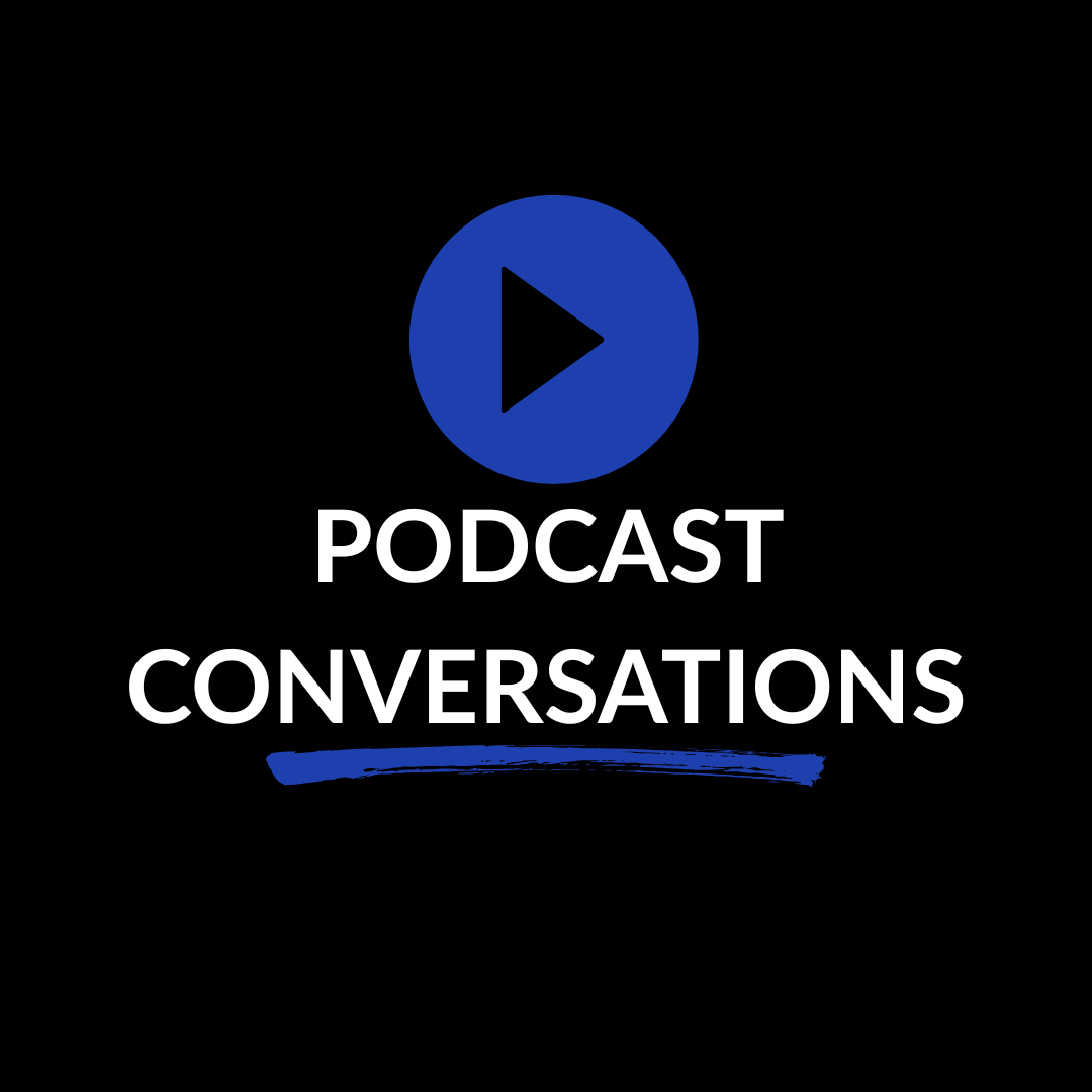 Design for a podcast app or platform titled 'Podcast Conversations' with a blue play button icon at the top, white text on a black background, and a blue underline beneath the title.