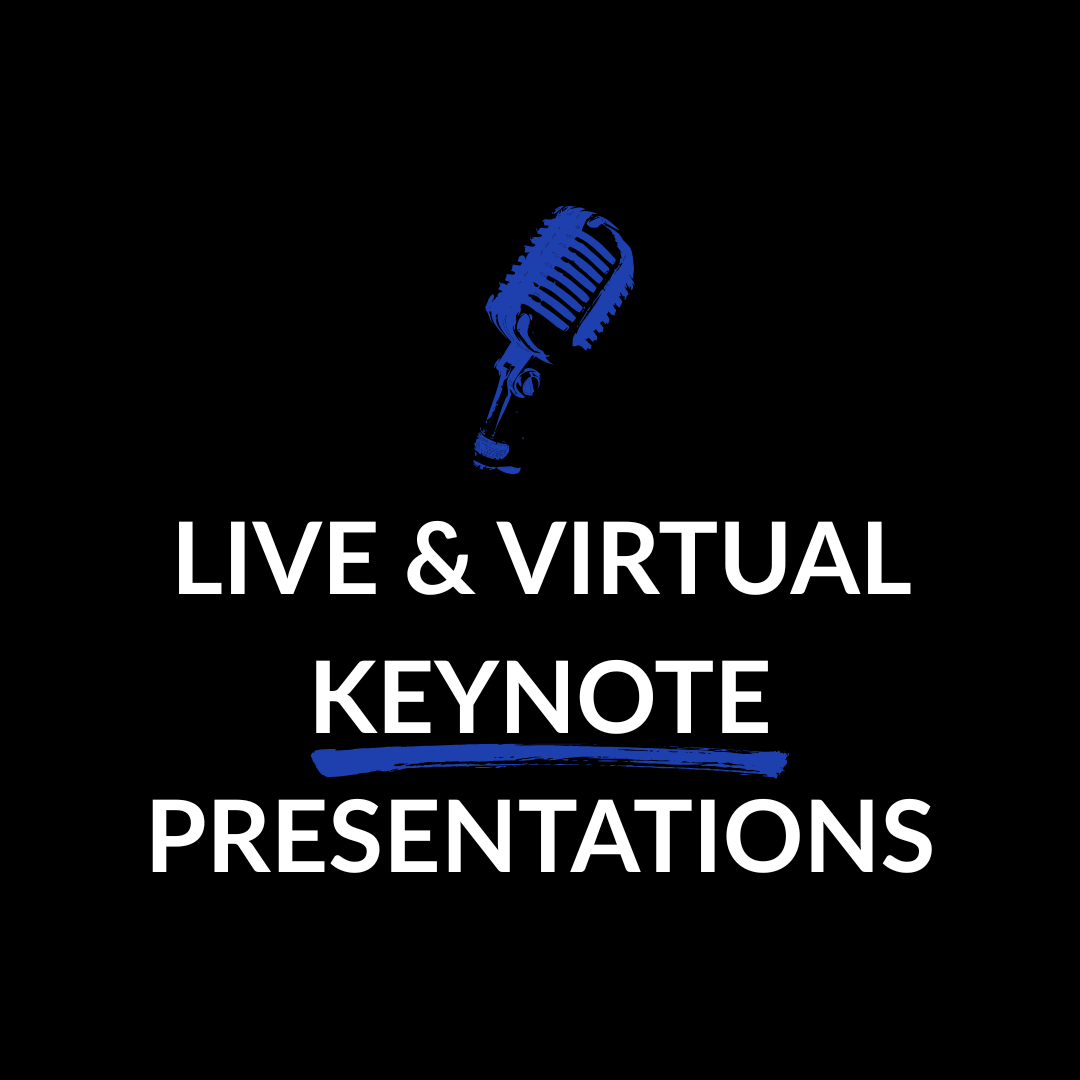 Graphic with a blue vintage microphone and the text 'Live & Virtual Keynote Presentations' on a black background.