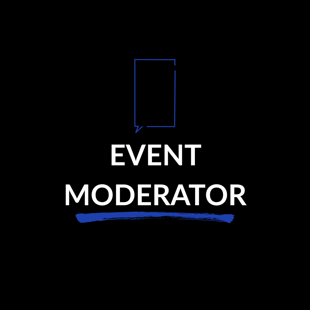 Event moderator logo with speech bubble icon above the text 'EVENT MODERATOR' on a black background.
