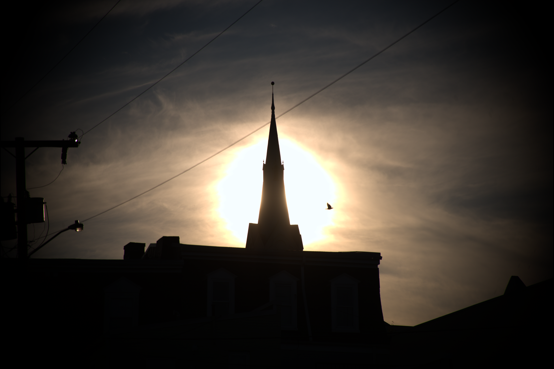 Silhouette of a church steeple against a bright sun with clouds and power lines in the foreground, and a bird flying nearby.