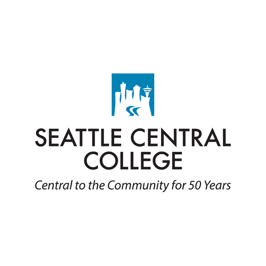Seattle Central College logo featuring a stylized cityscape with buildings and a road, with the college name and slogan 'Central to the Community for 50 Years'.