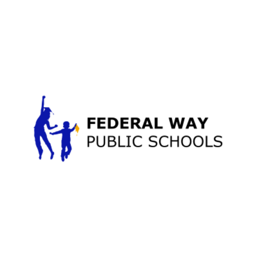 Logo for Federal Way Public Schools featuring a blue silhouette of two children holding hands, one raising an arm, with the text "Federal Way Public Schools".