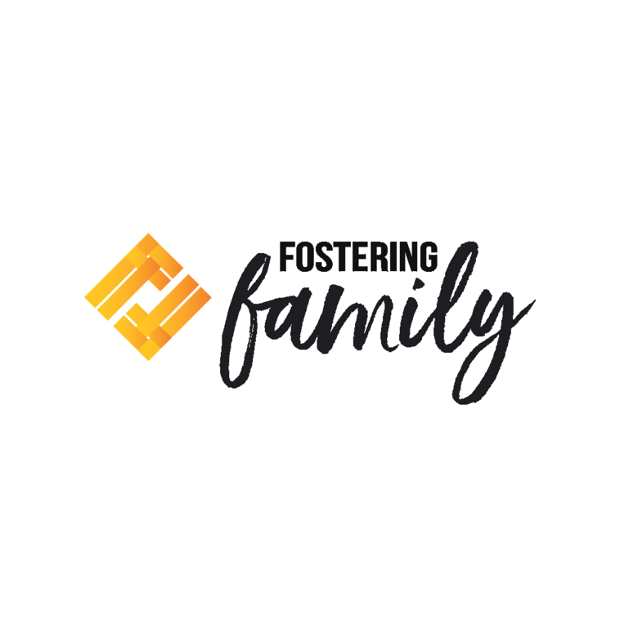 Logo for 'Fostering Family' with a geometric orange and yellow icon and black handwritten-style text.