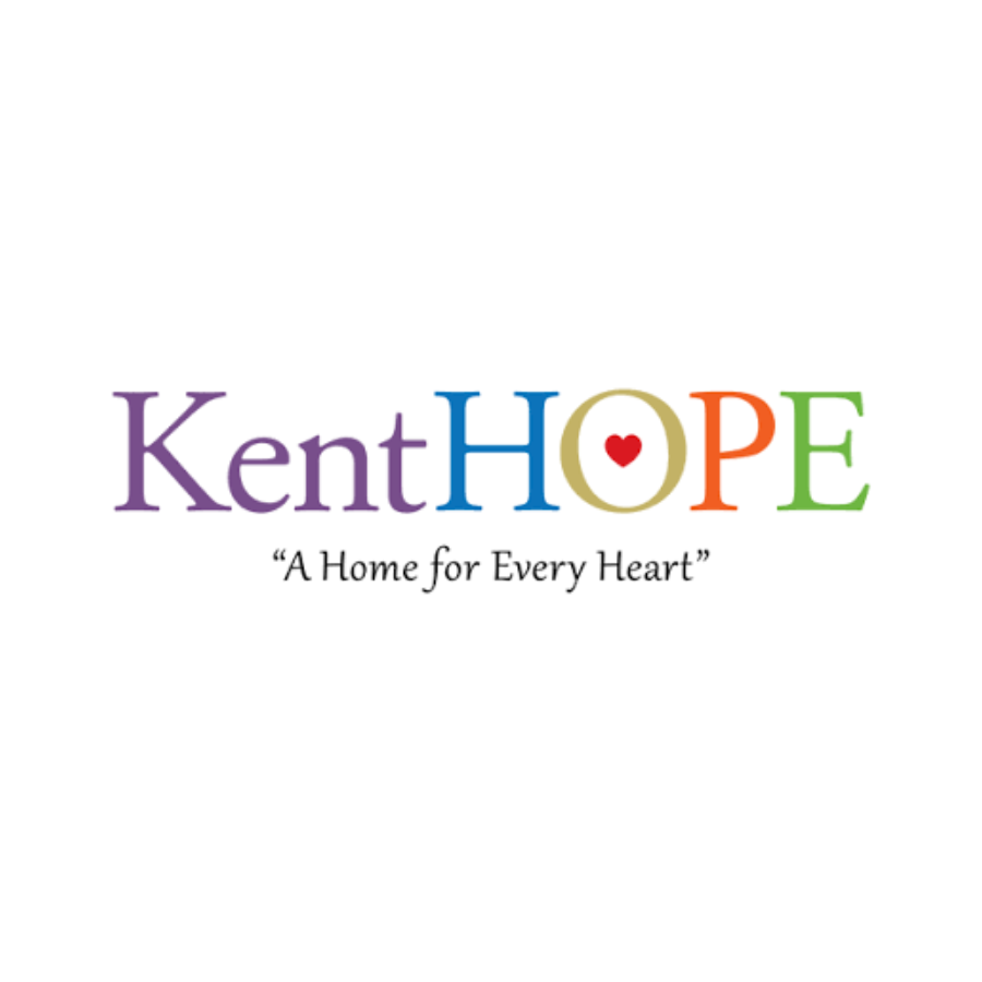 Kent Hope logo with colorful text and a small red heart inside the letter O, and below it the slogan "A Home for Every Heart".