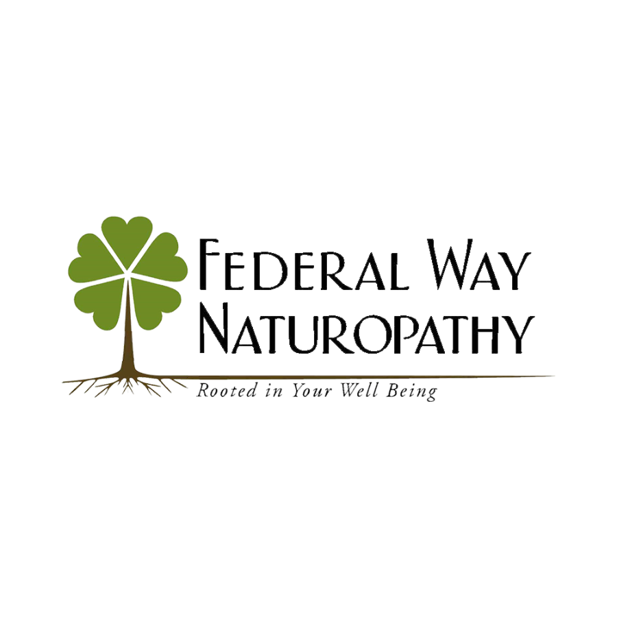 Logo for Federal Way Naturopathy featuring a green four-leaf clover with a tree trunk and roots, alongside the text 'Federal Way Naturopathy' and the slogan 'Rooted in Your Well Being'.