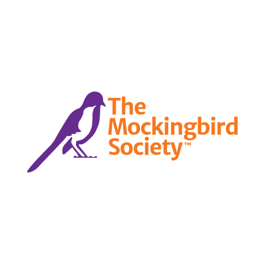 Logo of The Mockingbird Society featuring a purple mockingbird silhouette and orange text.