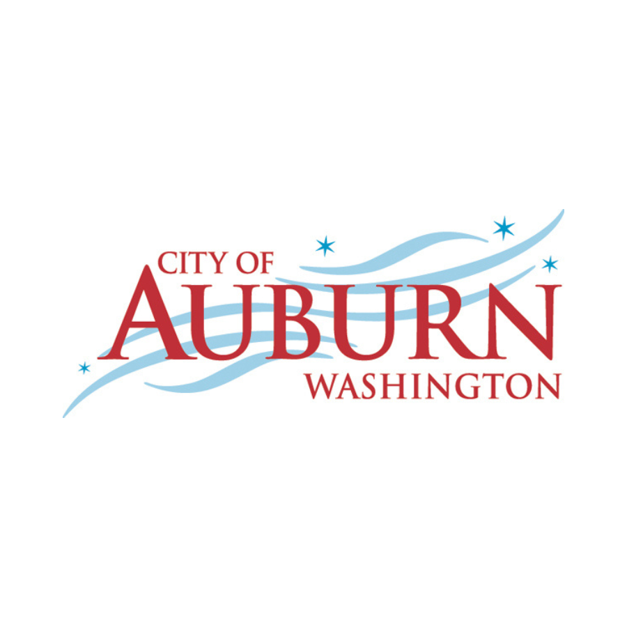 Logo of City of Auburn, Washington with red text and blue decorative lines and stars.