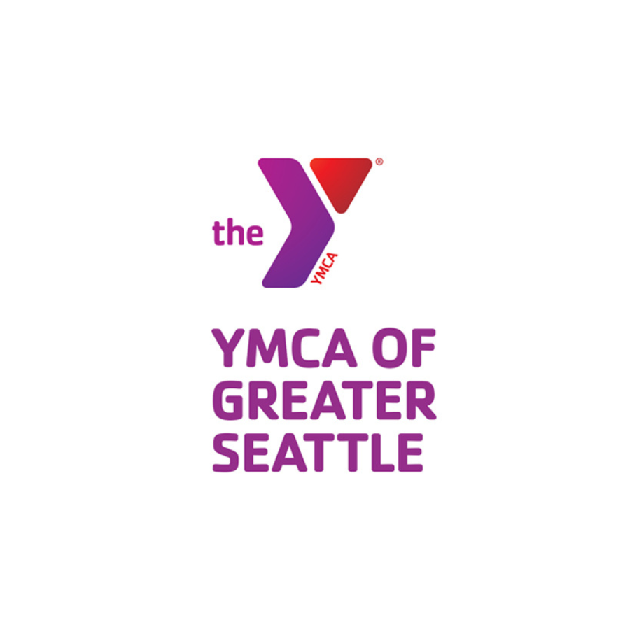 Logo for YMCA of Greater Seattle featuring a stylized purple 'Y' with red and purple accents and the text 'the YMCA' and 'YMCA OF GREATER SEATTLE' in purple.
