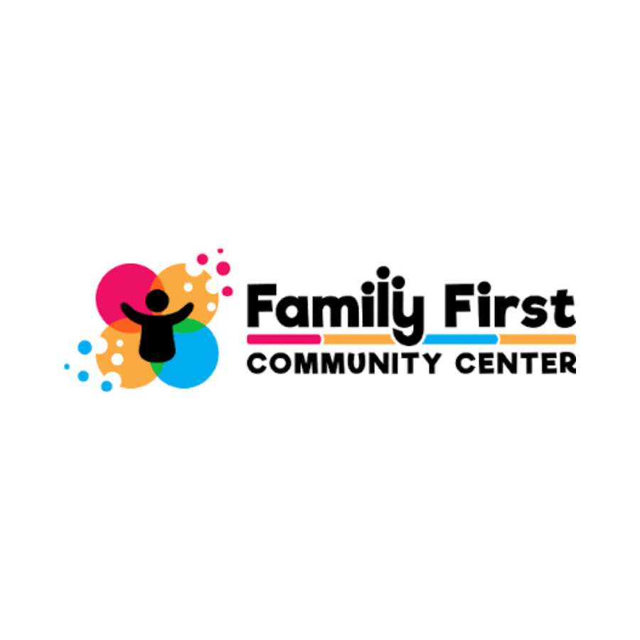 Logo for Family First Community Center featuring a stylized person with arms outstretched among colorful circles and dots, with the text 'Family First' in bold black letters, a pink and orange line beneath it, and 'Community Center' below that.