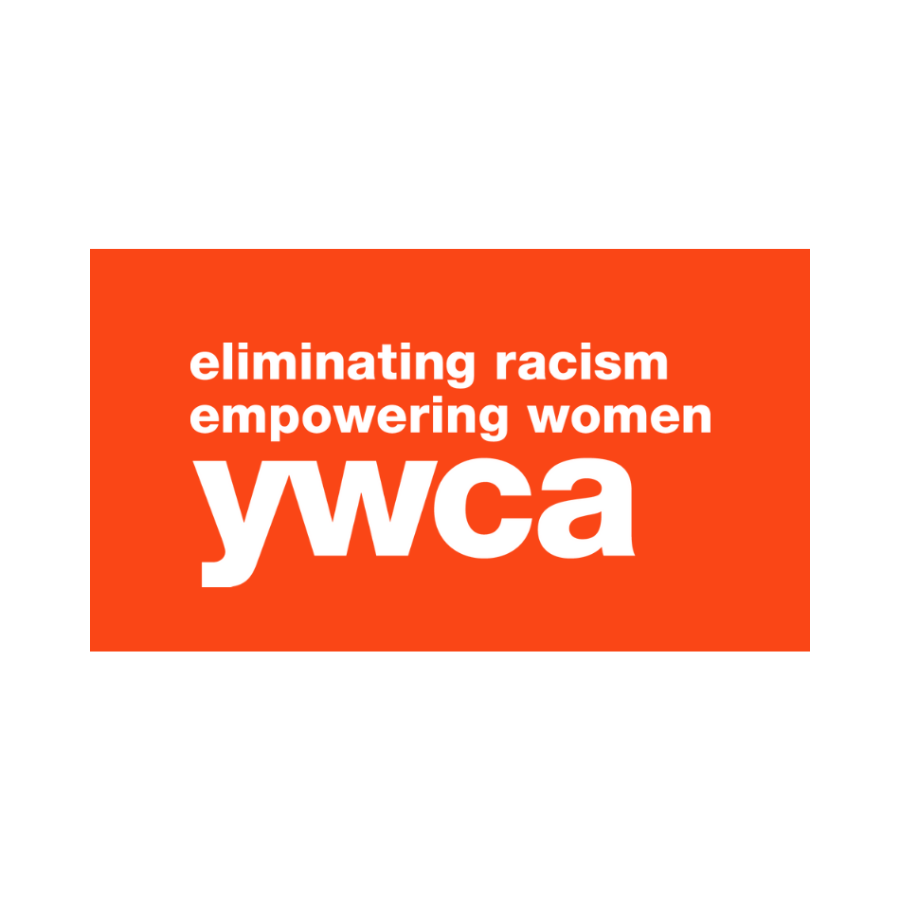 Red rectangular background with white text displaying the message 'eliminating racism empowering women ywca'.