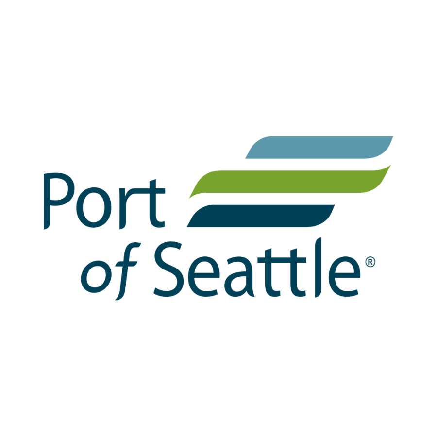 Logo for Port of Seattle featuring stylized blue, green, and teal lines above the text ‘Port of Seattle’ with a registered trademark symbol.