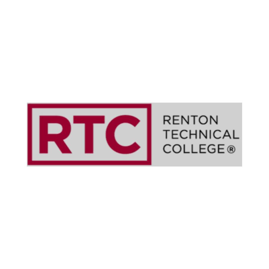 Logo of Renton Technical College with large maroon "RTC" inside a rectangular border, and the college name to the right on a gray background.