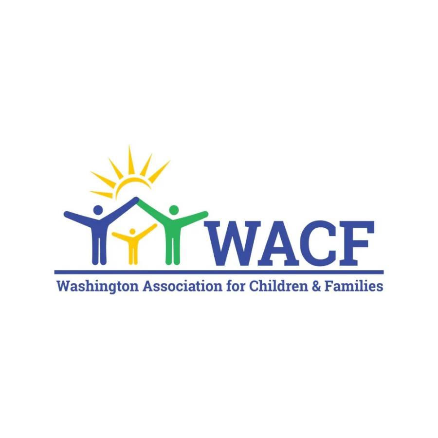 Logo of the Washington Association for Children & Families featuring three stylized human figures with their arms raised, a sun, and the acronym WACF.