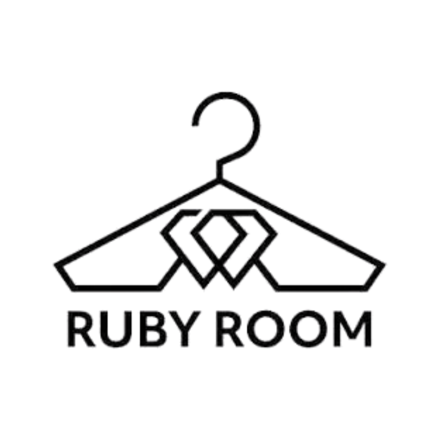 Logo for Ruby Room featuring a simplified coat hanger outline with a diamond-shaped knot at the center and the words "RUBY ROOM" below.