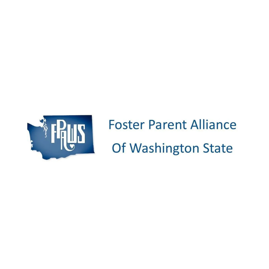 Logo of Foster Parent Alliance of Washington State featuring a blue map of Washington with white text.