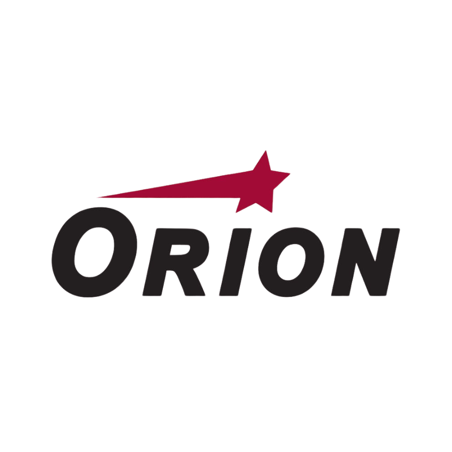 Orion logo with black text and a red star with a trail
