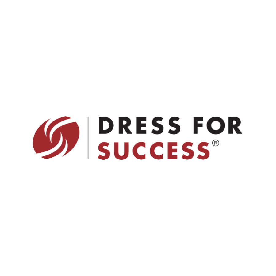 Logo for Dress for Success featuring a red abstract globe and the text 'DRESS FOR SUCCESS' in black and red.