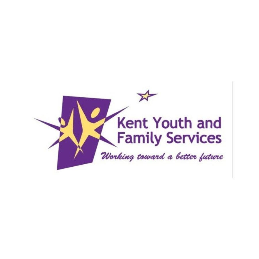 Logo of Kent Youth and Family Services featuring two stylized human figures reaching for a star, with purple and yellow colors, and the tagline "Working toward a better future."